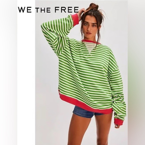 NWT Free People S We the Free Classic Striped Oversized Crewneck Sweatshirt New - Picture 2 of 6